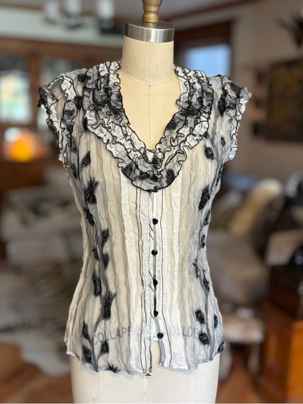 Jaipur White Ruffled V-Neck Blouse with Black Accents
